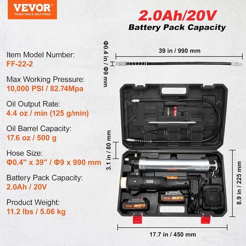 VEVOR Cordless Grease Gun, 20-Volt, 10,000 PSI, 39" Long Hose, Electric Grease Gun Kit Professional High Pressure Battery Powered Grease Gun with Carrying Case, Battery and Charger Included, Black in Saudi Arabia