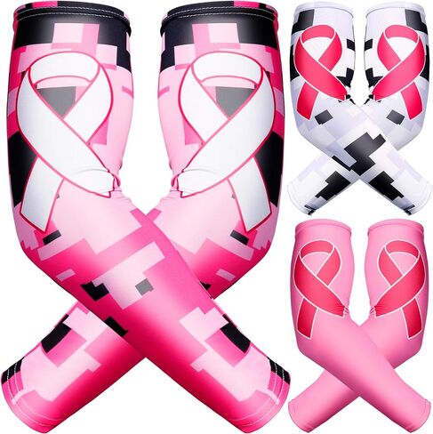 Geyoga 3 Pairs Breast Cancer Awareness Sleeves Pink Ribbon Arm Sleeves Cooling Compression Arm Covers UV Protection in Kuwait