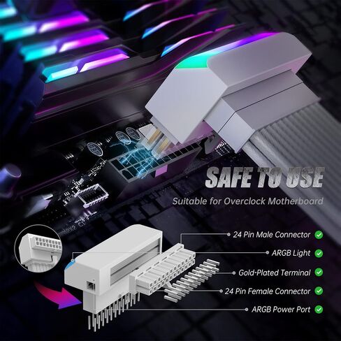 محول AsiaHorse ATX 24 Pin 90 درجة، اللوحة الأم للكمبيوتر 24 Pin Female to Male Connector مع 5v 3Pin ARGB Light (أبيض) in Saudi Arabia