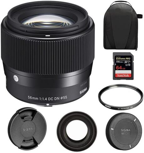Sigma 56mm f/1.4 DC DN Contemporary Lens for Sony E | E-Mount Lens/APS-C Format, Weather-Sealed Construction, Tiffen 55mm UV Protector Filter, 64GB Extreme PRO Memory Card, and Waith Camera Bag in Saudi Arabia