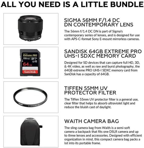 Sigma 56mm f/1.4 DC DN Contemporary Lens for Sony E | E-Mount Lens/APS-C Format, Weather-Sealed Construction, Tiffen 55mm UV Protector Filter, 64GB Extreme PRO Memory Card, and Waith Camera Bag in Saudi Arabia