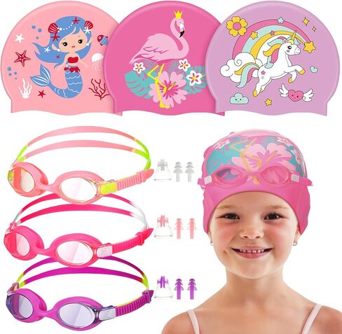 12 Pcs Silicone Swim Caps for Kids Girls Durable Waterproof Swimming Caps Age 2-14 Cute Unicorn Mermaid Flamingo Bathing Cap with Goggles Ear Plug Nose Clip for Long Short Hair Boys Girls Toddler in Kuwait