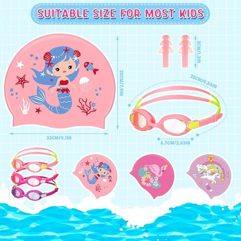 12 Pcs Silicone Swim Caps for Kids Girls Durable Waterproof Swimming Caps Age 2-14 Cute Unicorn Mermaid Flamingo Bathing Cap with Goggles Ear Plug Nose Clip for Long Short Hair Boys Girls Toddler in Kuwait