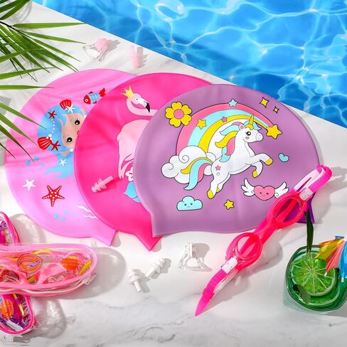 12 Pcs Silicone Swim Caps for Kids Girls Durable Waterproof Swimming Caps Age 2-14 Cute Unicorn Mermaid Flamingo Bathing Cap with Goggles Ear Plug Nose Clip for Long Short Hair Boys Girls Toddler in Kuwait
