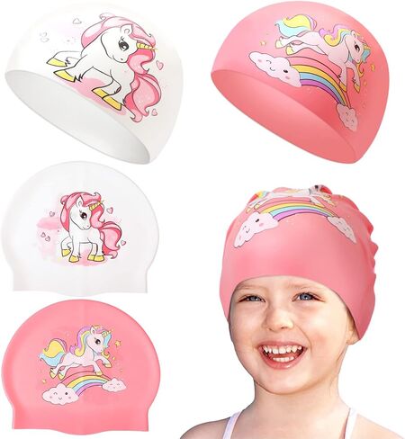Unittype 2 Pieces Swim Caps for Kids Unicorn Silicone Swimming Hat Age 2-14 Waterproof Unisex Bathing Cap for Long and Short Hair Children Girls Boys Toddler in Saudi Arabia