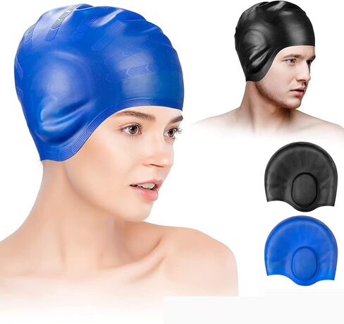 قبعات سباحة للجنسين مع حماية ثلاثية الأبعاد للأذن، قبعات سباحة مرنة متينة من السيليكون للنساء والرجال والأطفال والبالغين، قبعات سباحة للاستحمام للشعر القصير/الطويل، قبعة سباحة لحماية الأذن (أسود + أزرق) in Kuwait