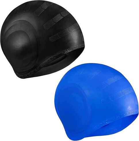 قبعات سباحة للجنسين مع حماية ثلاثية الأبعاد للأذن، قبعات سباحة مرنة متينة من السيليكون للنساء والرجال والأطفال والبالغين، قبعات سباحة للاستحمام للشعر القصير/الطويل، قبعة سباحة لحماية الأذن (أسود + أزرق) in Kuwait