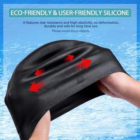 قبعات سباحة للجنسين مع حماية ثلاثية الأبعاد للأذن، قبعات سباحة مرنة متينة من السيليكون للنساء والرجال والأطفال والبالغين، قبعات سباحة للاستحمام للشعر القصير/الطويل، قبعة سباحة لحماية الأذن (أسود + أزرق) in Kuwait