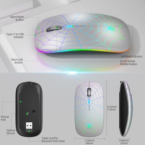 MMK Wireless Bluetooth Mouse, Bluetooth 5.1 LED Wireless Mouse for Laptop, 1600 DPI, Silent Quiet Clicks Wireless Computer Mice for Laptop, Tablet, iPad, PC, Computer, Notebook - Black in Kuwait
