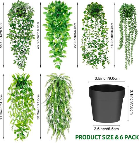 Artificial Hanging Plants for Shelf, 6 Pack Fake Potted Greenery Plant Faux Eucalyptus Vine, Mandala Vine, String of Pearls,Pea pod Leaves,Ivy Vine,Persian Grass Fern in Pot for Home Décor in Saudi Arabia