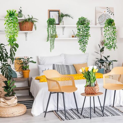 Artificial Hanging Plants for Shelf, 6 Pack Fake Potted Greenery Plant Faux Eucalyptus Vine, Mandala Vine, String of Pearls,Pea pod Leaves,Ivy Vine,Persian Grass Fern in Pot for Home Décor in Saudi Arabia