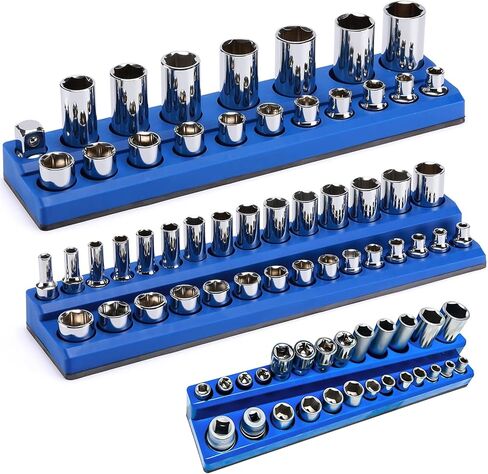 مجموعة منظم المقبس المغناطيسي، 1/4 بوصة، 3/8 بوصة، 1/2 بوصة حامل مقبس متري للمحرك، صواني مأخذ لصندوق الأدوات وعربة الأدوات، تحمل 75 قطعة من المقابس ذات الحجم القياسي (المقابس غير متضمنة) in Kuwait