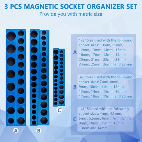 مجموعة منظم المقبس المغناطيسي، 1/4 بوصة، 3/8 بوصة، 1/2 بوصة حامل مقبس متري للمحرك، صواني مأخذ لصندوق الأدوات وعربة الأدوات، تحمل 75 قطعة من المقابس ذات الحجم القياسي (المقابس غير متضمنة) in Kuwait