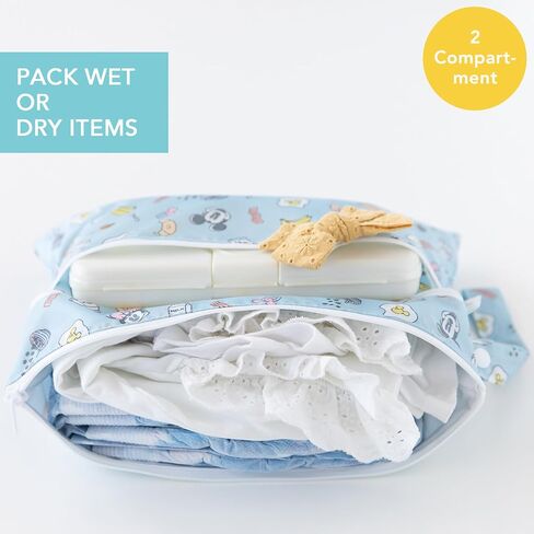 Bumkins Waterproof Wet Bag for Baby, Travel, Swim Suit, Cloth Diaper, Pump Parts, Pool, Gym Clothes, Toiletry, Hook to Stroller, Daycare, Reusable Zip Bag, Wetdry Packing Pouch, Starry Cactus Dk Green in Kuwait