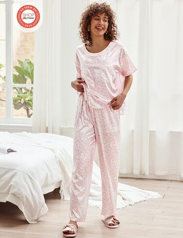 Ekouaer Loungewear for Women Satin Sleepwear Womens Short Sleeve Pajamas Silk Loungewear Two Piece Pjs Set Green Floral Pjs Bride Pajama Green Floral S in Saudi Arabia