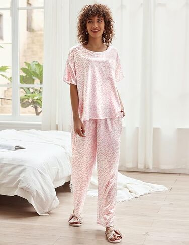 Ekouaer Loungewear for Women Satin Sleepwear Womens Short Sleeve Pajamas Silk Loungewear Two Piece Pjs Set Green Floral Pjs Bride Pajama Green Floral S in Saudi Arabia