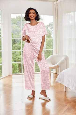Ekouaer Loungewear for Women Satin Sleepwear Womens Short Sleeve Pajamas Silk Loungewear Two Piece Pjs Set Green Floral Pjs Bride Pajama Green Floral S in Saudi Arabia