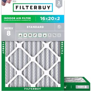 Filterbuy 16x20x2 Air Filter MERV 8 Dust Defense (2-Pack), Pleated HVAC AC Furnace Air Filters Replacement (Actual Size: 15.50 x 19.50 x 1.75 Inches)
