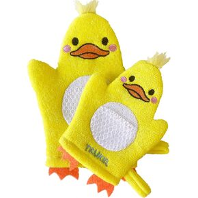 TruKid BubbleGlove, Bath Wash Gloves-Sponge - Hand Puppet for Kids & Toddler, Bath Sponge & Baby Washcloth Mitt for Kids & Adults, Body Scrubber for Mommy & Me - Duck Designed Set of 2