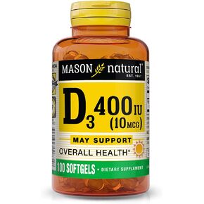MASON NATURAL Vitamin D3 10 mcg (400 IU) - Supports Overall Health, Strengthens Bones and Muscles, 100 Softgels