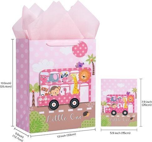 LeZakaa 16" Large Gift Bag with Tissue Paper, Gift Tag and Card, Khaki Bag with Bear in Bath and Welcome Baby Lettering Design for Unisex Baby Shower in Saudi Arabia