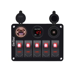 Waterproof 5 Gang Aluminum Boat switch panel Marine Rocker Switch with 12V Voltmeter Type-C and QC3.0 USB Charging Socket for Car Boat