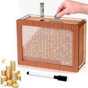 صندوق توفير خشبي من Cash Vault، صندوق نقود خشبي لتوفير النقود، بنك عملات خشبية للأولاد والبنات، صندوق نقود للبالغين مع عداد لهدف التوفير 10000 دولار، أفضل هدية للأصدقاء، XZ-754