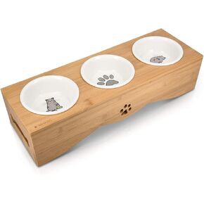 Navaris Cat Bowls with Stand - Elevated Triple Feeder for Cats - Ceramic Pet Bowl Dishes 3-Pcs Set with Printed Designs and Raised Bamboo Wood Holder