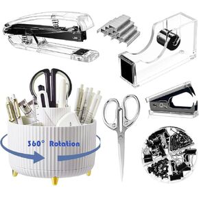 Pink Desk Organizers and Accessories 7Pcs Set with 360-Degree Rotating Pen Holder, Acrylic Stapler, Tape Holder, Staple Remover, Binder/Paper Clips Kit, Scissor and 1 Box of Staples