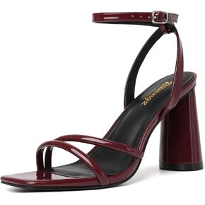 RIBONGZ Nude Strappy High Heels for Women Heeled Sandals Square Open Toe Ankle Strap Chunky Wedding Bridal Shoes Block High Heels for Party Dress 8.5