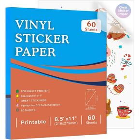 60 Sheets Premium Printable Vinyl Sticker Paper for Inkjet Printer and Laser, Clear 8.5x11 Inch Sticker Paper Waterproof, Dries Quickly, Vivid Colors, Tear Resistant, Great for Cutting Machines