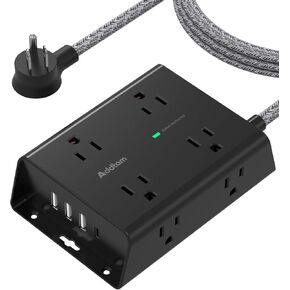 10Ft Long Surge Protector Power Strip, Extension Cord with 8 AC Outlets and 4 USB Ports(1 USB C), 3-Side Outlet Extender Strip, Flat Plug, Wall Mount, Dorm Home Office Essential, ETL Listed