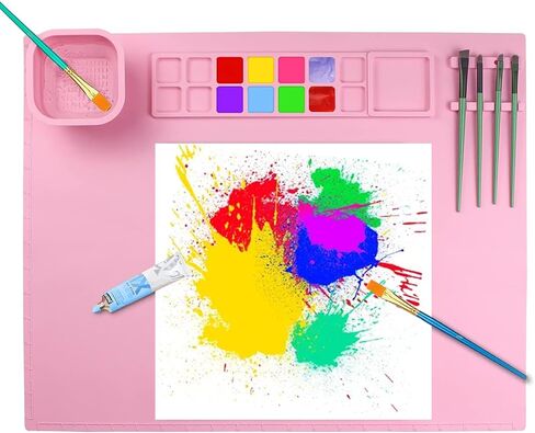 20" x 16" Large Silicone Mats for Crafts, Silicone Painting Mat with Detachable Cleaning Cup, Collapsible Non-Stick Silicone Art Mat Paint Pad Built in Ruler Perfect for Kid Gift (Blue) in Kuwait