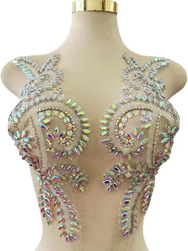 HandSewing Beads Applique sew on Rhinestones Sequins Lace Decoration Irregular Decal Patches Trimming Accessories for Wedding Dress 1pair/Set 17X5inches (Silver) in Kuwait