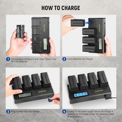 Neewer 4-Channel NP-F Battery Charger with LCD Screen & Power Adapter, Compatible with Sony NP-F550 F570 F750 F770 F930 F950 F960 F970 FM50 FM500H QM71 QM91 QM71D QM91D Camcorder Li-ion Batteries in Kuwait