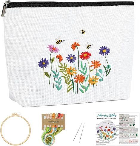 Louise Maelys Embroidery Kit for Beginners,Canvas Makeup Bag,Cross Stitch Kits for Adults,Arts Crafts Needlepoint-Daisy Floral Pattern in Kuwait