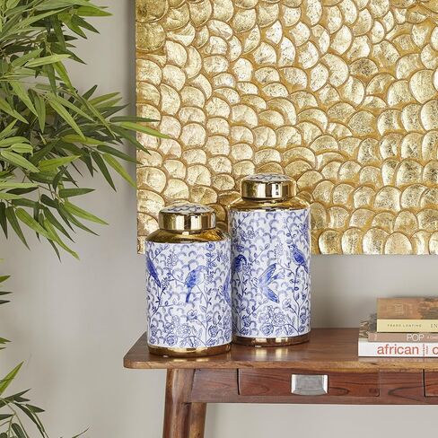 Deco 79 Ceramic Floral Decorative Jars with Gold Accents, Set of 2 14", 12"H, Black in Kuwait