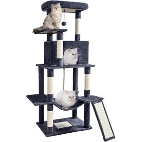 Cat Tree Tower 63in Multi-Level Cat Tower for Indoor Cats with Sisal Scratching Posts, Condo, Hammock, Dangling Ball and Extended Platform for Cats to Play, Dark Grey