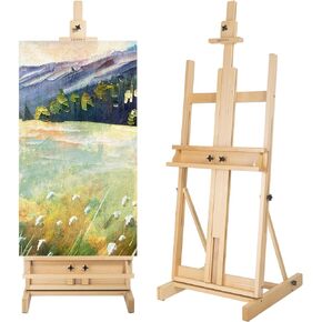 H-Frame Studio Easel, Solid Beechwood Artist Easel with Storage Drawer, Adjustable Wooden Painting Easel Holding Canvas up to 78" High, Walnut
