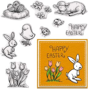 Hying Easter Bunny Words Clear Stamps for Card Making, Eggs Rabbits Rubber Stamps Happy Easter Letters Transparent Stamp Seal for Crafting DIY Scrapbooking Photo Album Decorations