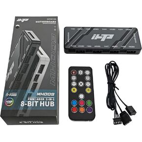 محور مروحة ARGB، 5V3pin ARGB&12V4pin PWM، 2in1 متكامل PWM Fan Hub إجمالي 16 منفذًا، طاقة SATA، التحكم في ما يصل إلى 8 مراوح هيكل ARGB.