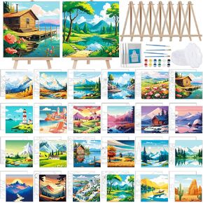 Tenceur 216 Piece Pre Drawn Canvas to Paint for Kid Adult 6 x 6 Inch Stretched Coloring Painting Canvas Panels with Design Easel and Brushes for Party Supplies Beginner Favor(Animals)