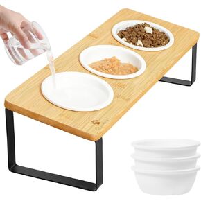 Sunhoo Elevated Cat Bowls for Indoor Cats Raised Tilted Food Water Kitty Dish Stand with 6 Ceramic Bowl Set Orthopedic Wooden Pet Feeder Feeding Sation Anti Vomiting 4.7in Easy Assembly(Yellow)