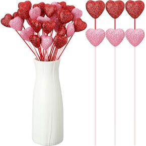12 PCS Glitter Foam Hearts Sticks Foam Heart تختار القلوب اللامعة الستايروفوم السيقان منتفخ القلب اختيارات خشبية لزخارف الزفاف الحرفية (الأحمر ، الوردي)
