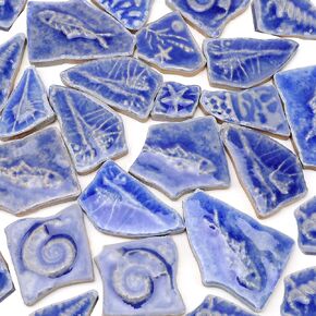 Woration 1.1LB Ceramic Mosaic Irregular Tiles Ocean Theme Porcelain Glazed Bulk Broken Pieces Tiles Craft DIY for Outdoor Landscape Walls Flowerpots - Lake Blue