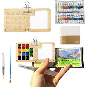 2025 New Pocket Artist Watercolor Travel Set 15 Grid Mini Watercolor Paint Set Paint Palette Travel Kit Include Brush and Sketchbook Mini Portable Watercolor Travel Set for Painters Artists(Wooden)