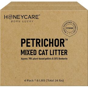 HONEY CARE Petrichor Mix Cat Litter I Tofu Cat Litter I الكريات النباتية الطبيعية والبنتونيت فضلات القطط المستدامة I منخفضة الغبار Qucik Clumping تحكم فائق في الرائحة، حزمة قيمة 24 رطل (6 رطل × 4)