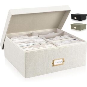 ZICOTO Decorative Photo Storage Box - Collapsible Linen Photo Organizer with Dividers Is Perfect to Store all Your Pictures and Photos - Portable Scrapbook Storage Containers with Lid