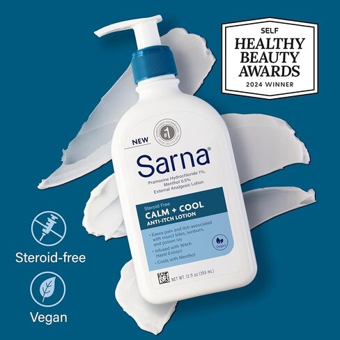 Sarna Calm + Cool Anti-Itch Lotion, Soothe and Relieve Pain and Itch from Insect Bites, Sunburn, & Poison Ivy, Contains 1% Pramoxine Hydrochloride, 0.5% Menthol, Vegan, Steroid-Free, 7.5oz in Saudi Arabia