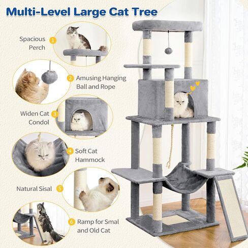 Cat Tree Tower 63in Multi-Level Cat Tower for Indoor Cats with Sisal Scratching Posts, Condo, Hammock, Dangling Ball and Extended Platform for Cats to Play, Black in Kuwait